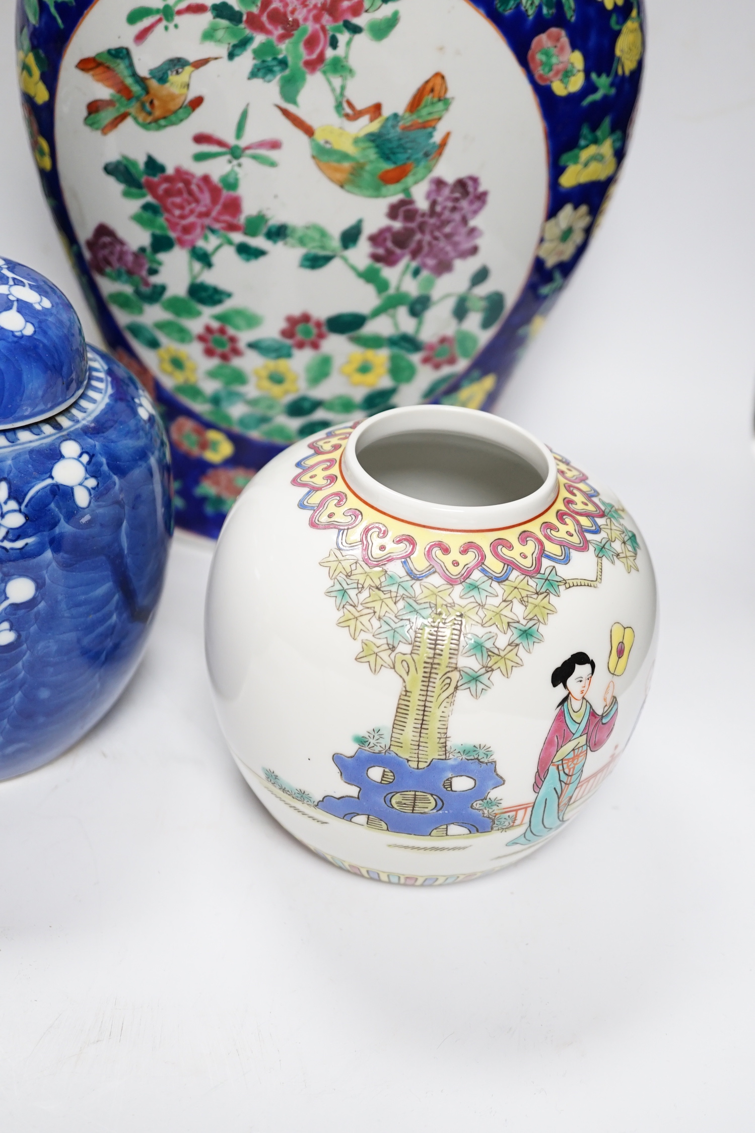 A Chinese famille rose vase and cover and four Chinese jars, 19th/20th century, vase and cover, 40cm high